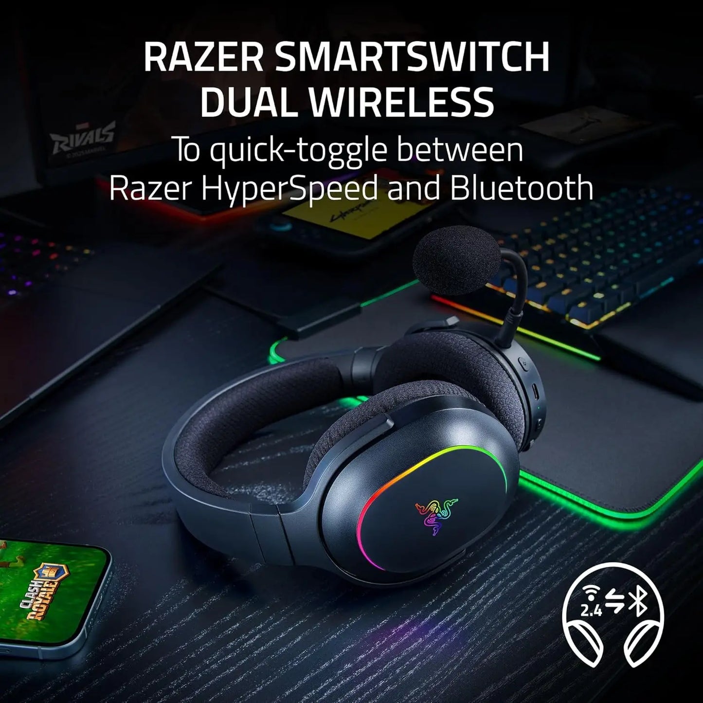 Wireless Gaming Headset: 2.4GHz & Bluetooth, Lightweight, RGB, 70Hr Battery, for PC/PS5/Switch/Phone
