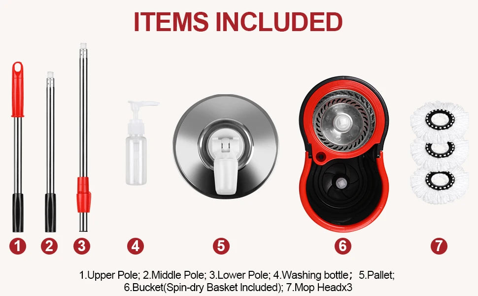 360° Spin Mop Bucket Sets with Wring System in 3 Microfiber Heads, Stainless Steel Basket 61" Extended Handle Floor Cleaning