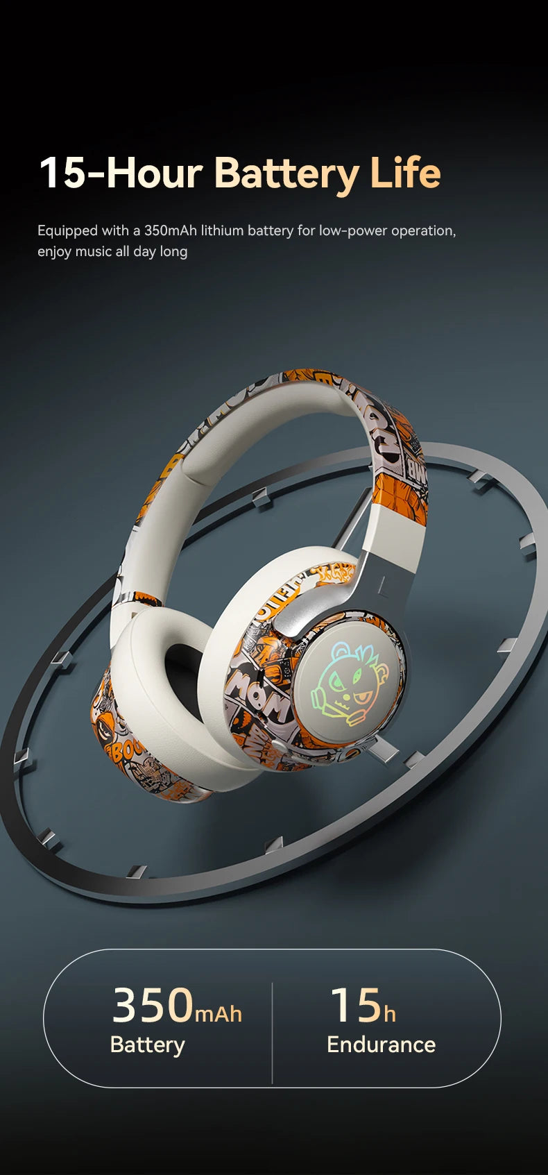 Graffiti Wireless Gaming Headphones 360° Stereo Sound, Support AUX/TF Card Mode Hi-Res Audio, Over Ear Foldable Lightweight
