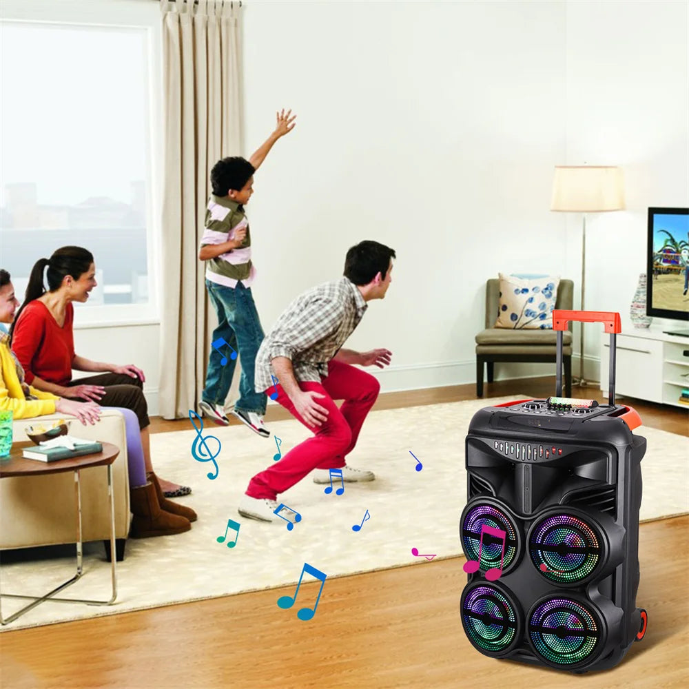 Loud Portable Bluetooth Party Speaker Quad 8” Woofers Heavy Bass Rechargeable Sound System karaoke Speaker Led Light w/2 Mic