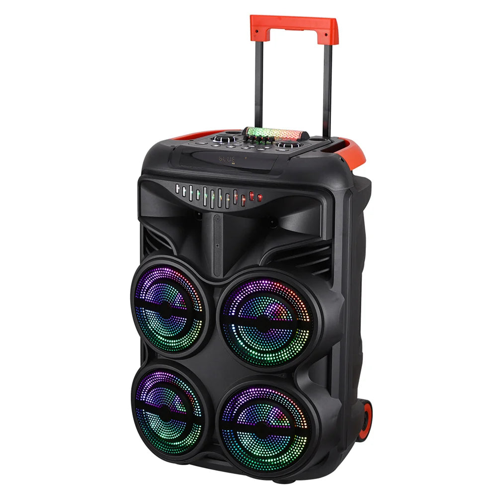 Loud Portable Bluetooth Party Speaker Quad 8” Woofers Heavy Bass Rechargeable Sound System karaoke Speaker Led Light w/2 Mic