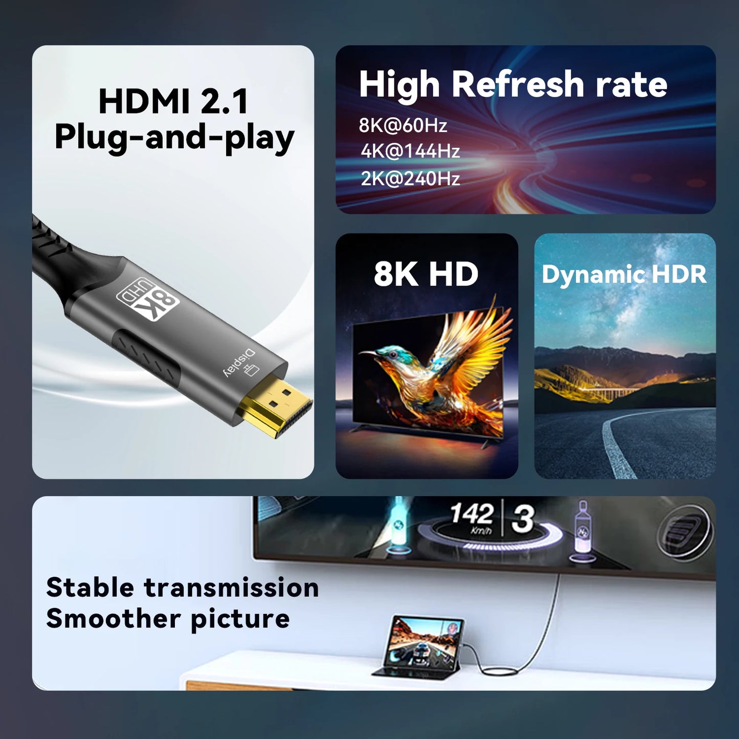 8K@60Hz USB C to HDMI Adapter  Type C to HDMI 2.1 Cable Compatible for Thunderbolt 3/4 MacBook Pro/Air, iPad, iMac