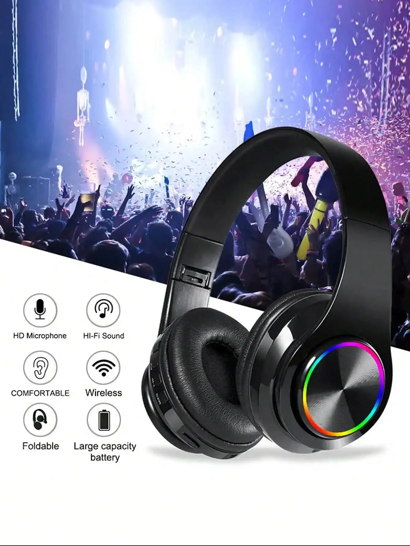 RGB Light Up Over Ear Gaming Headphones, Wireless Bluetooth Headset with Mic, Foldable Lightweight Design, 3.5mm Wired Jack, Telescopic Arm & Rich Deep Bass Stereo Sound