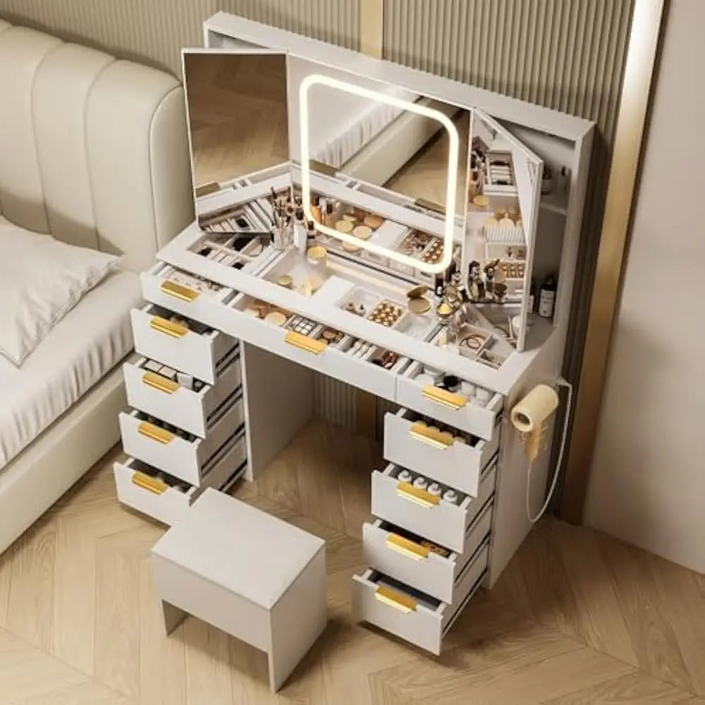 11 Drawers Vanity Desk w/Foldable Mirror, Glass Top Makeup Vanity & LED Lights, Handles Dressing Table w/Chair and Power Outlet