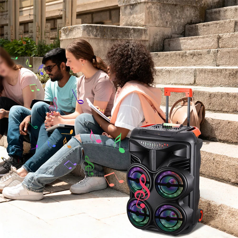 Loud Portable Bluetooth Party Speaker Quad 8” Woofers Heavy Bass Rechargeable Sound System karaoke Speaker Led Light w/2 Mic
