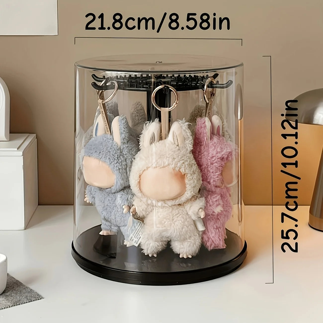 360 ° LABUBU Black Rotating Display Cabinet with Dome Cover and Dustproof Base - Cylindrical Collectibles Storage Box