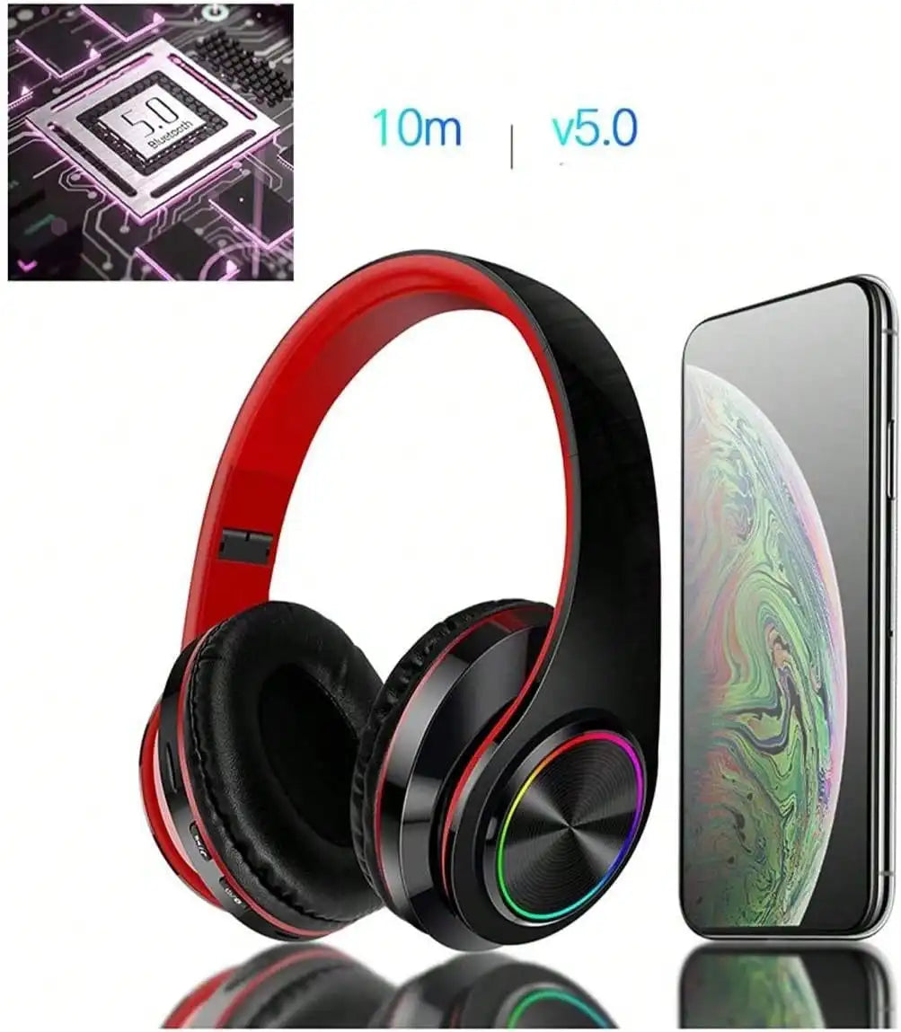 Bluetooth 5.3 Over-Ear Headphones, Active Noise Reduction, Subwoofer Bass, LED Light Design, Foldable Portable Wireless Headset for Gaming, Music, Sports, Phones & Computers