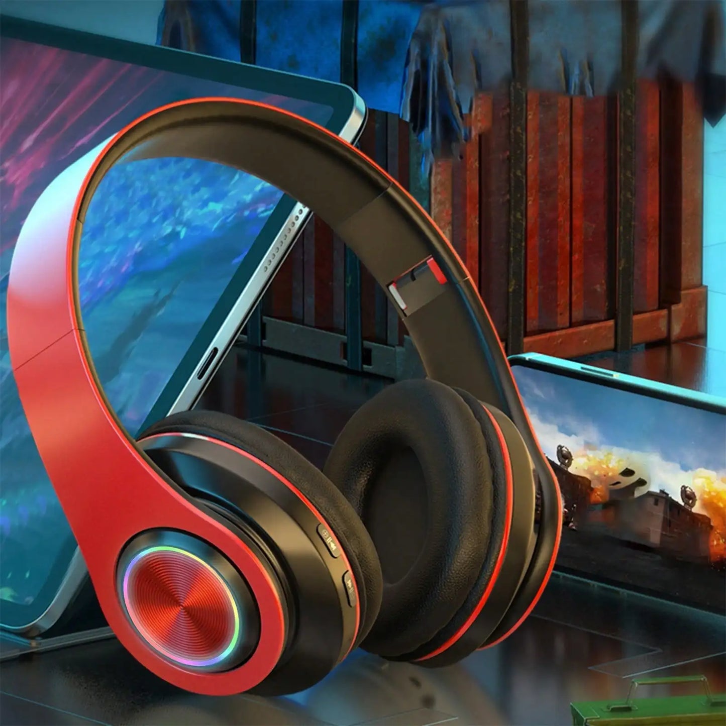Bluetooth 5.3 Over-Ear Headphones, Active Noise Reduction, Subwoofer Bass, LED Light Design, Foldable Portable Wireless Headset for Gaming, Music, Sports, Phones & Computers