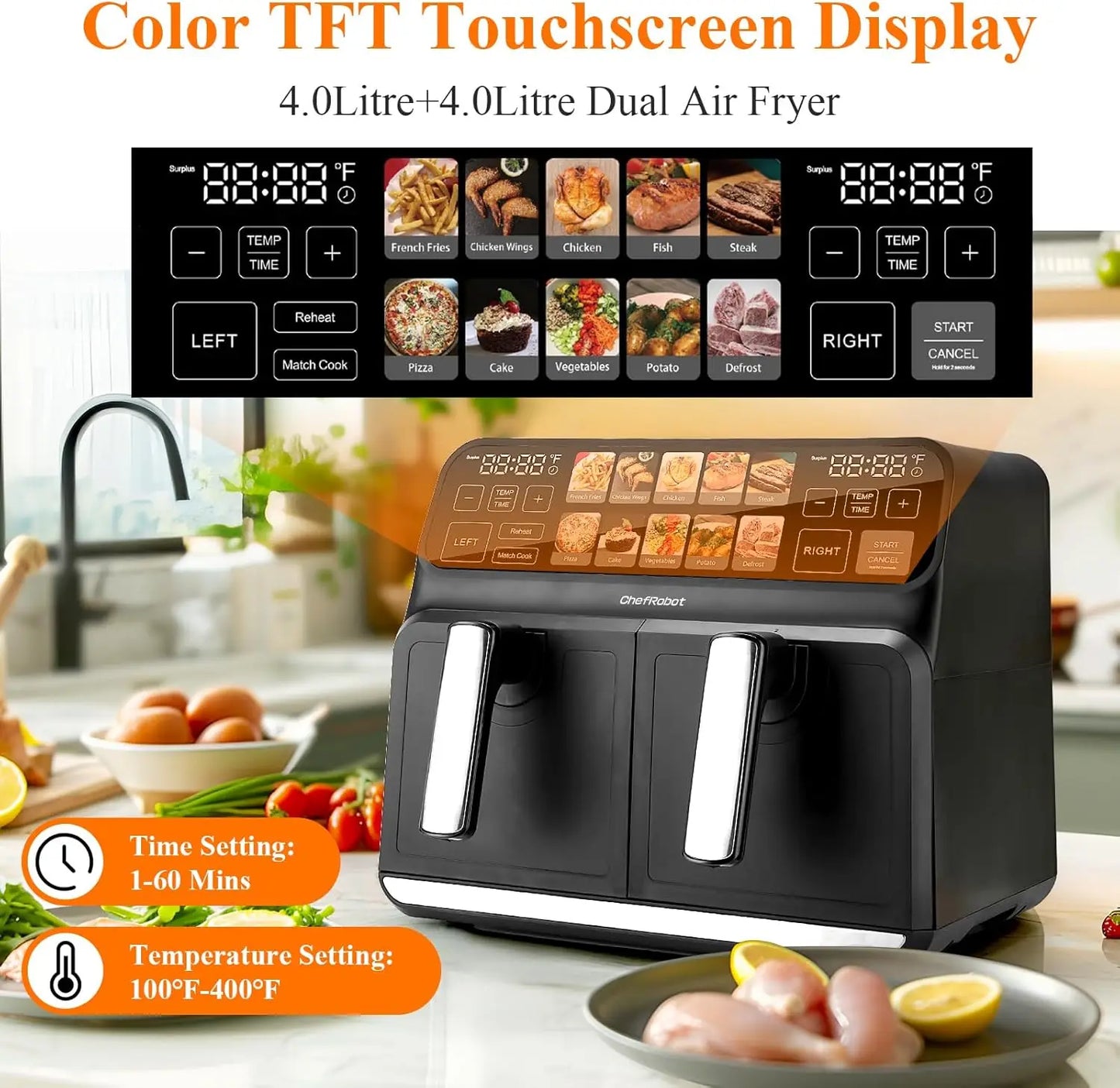 Dual Air Fryer 8 Quart TFT Touch Screen Non Toxic for Family Size/Kitchen/RV