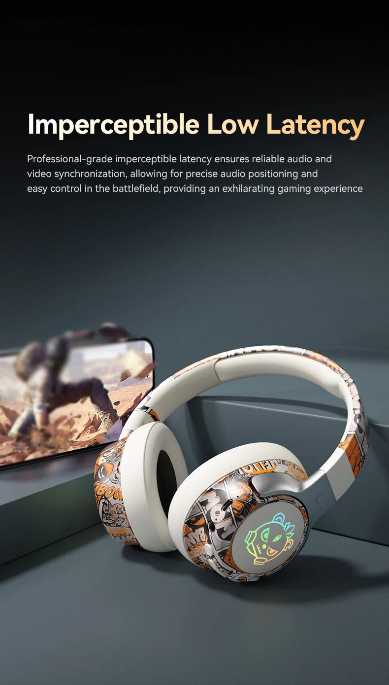 Graffiti Wireless Gaming Headphones 360° Stereo Sound, Support AUX/TF Card Mode Hi-Res Audio, Over Ear Foldable Lightweight