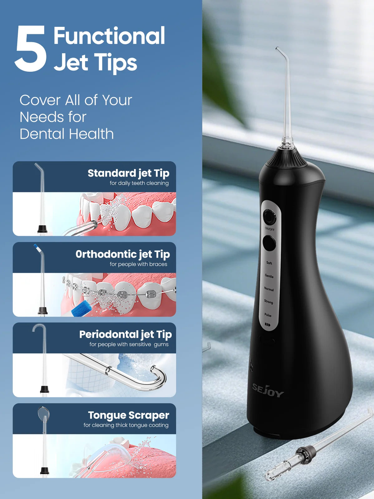 SEJOY Dental Oral lrrigator for Men Women Teeth Cleaner Portable Dental Water Flosser 4 Modes IPX7 Mouth Washing Machine
