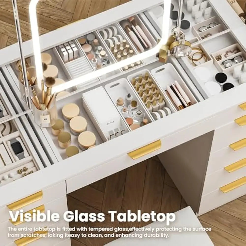 11 Drawers Vanity Desk w/Foldable Mirror, Glass Top Makeup Vanity & LED Lights, Handles Dressing Table w/Chair and Power Outlet