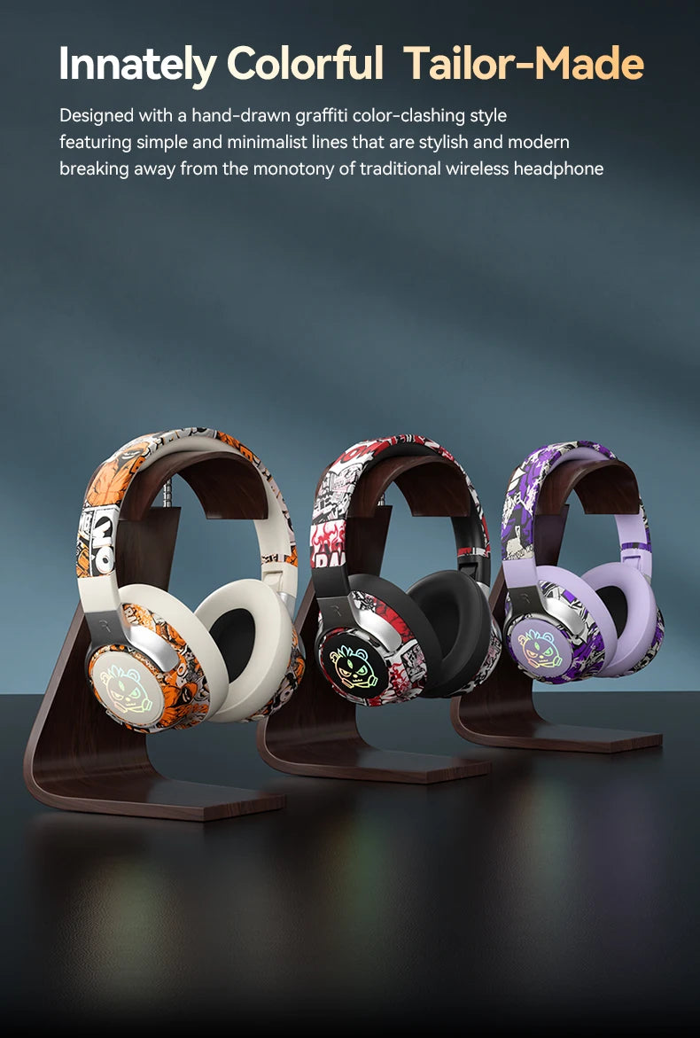 Graffiti Wireless Gaming Headphones 360° Stereo Sound, Support AUX/TF Card Mode Hi-Res Audio, Over Ear Foldable Lightweight