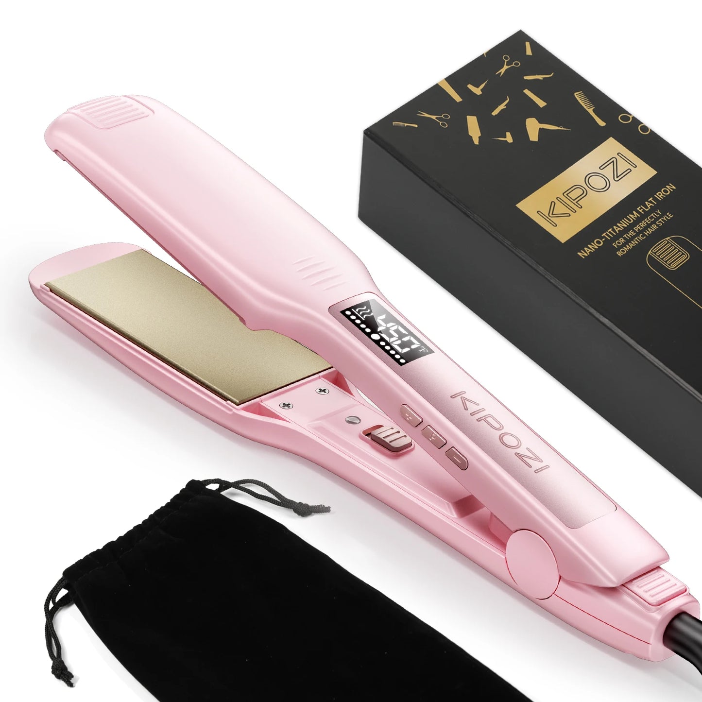 KIPOZI Professional Titanium Flat Iron Hair Straightener with Digital LCD Display Dual Voltage Instant Heating Curling Iron