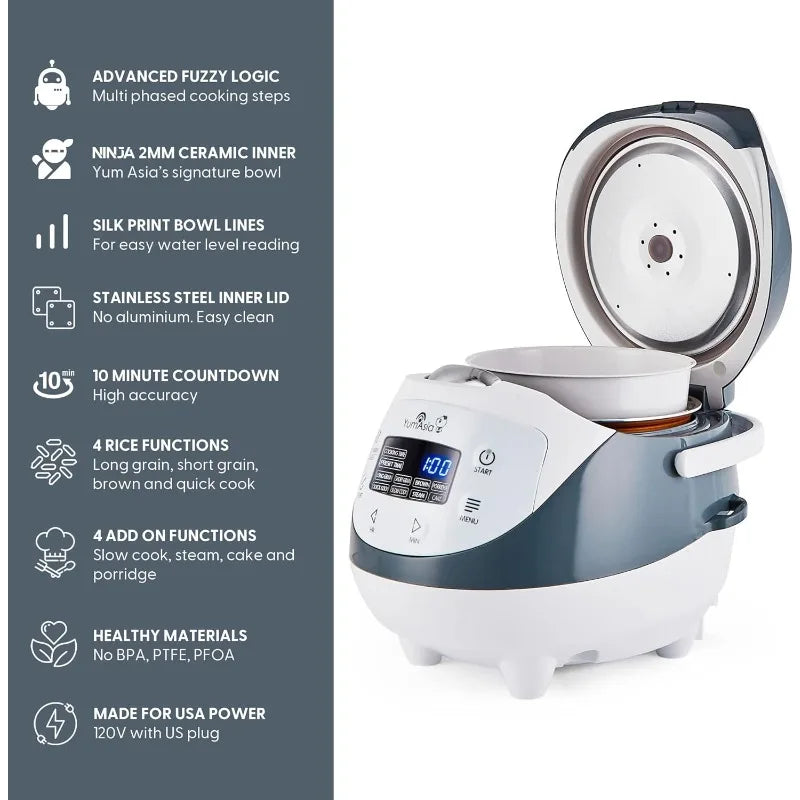 Yum Asia Mini Rice Cooker, Advanced Fuzzy Logic (3.5 cup, 0.63 litre) 4 Rice Cooking Functions, Digital LED display - 120V