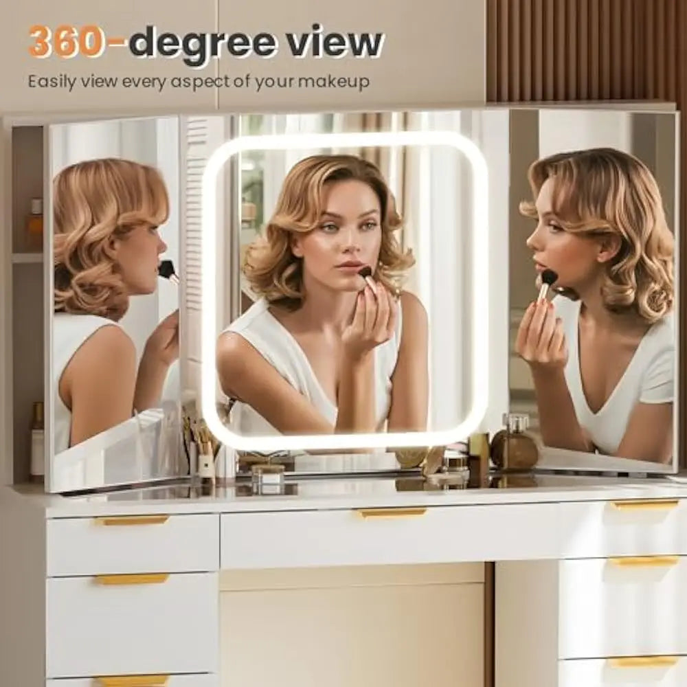 11 Drawers Vanity Desk w/Foldable Mirror, Glass Top Makeup Vanity & LED Lights, Handles Dressing Table w/Chair and Power Outlet
