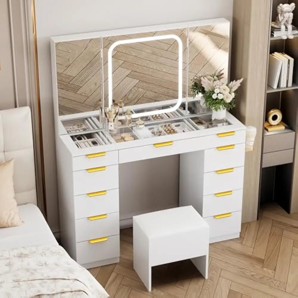 11 Drawers Vanity Desk w/Foldable Mirror, Glass Top Makeup Vanity & LED Lights, Handles Dressing Table w/Chair and Power Outlet