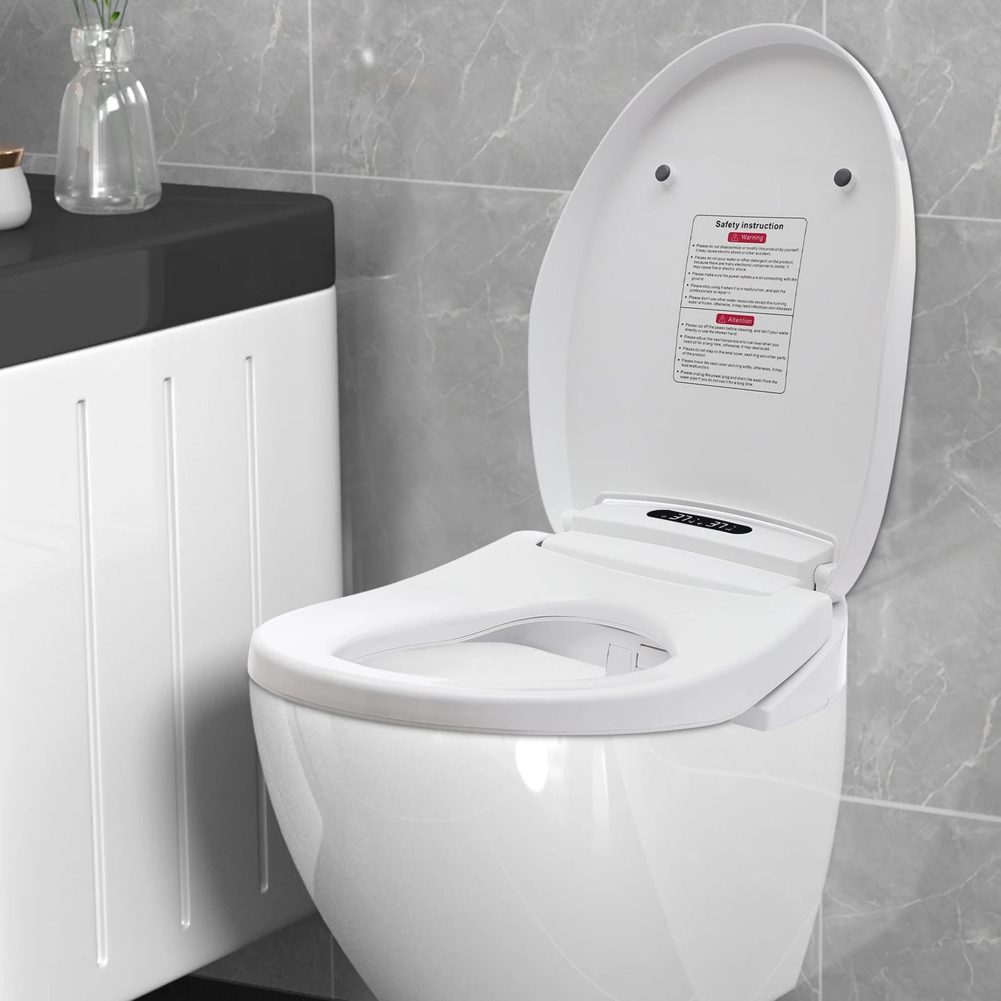 Electronic Heated Smart Toilet  Seat Bidet with Air Dryer Adjustable Temp LED Night Light Self-Cleaning Nozzle Side Controls