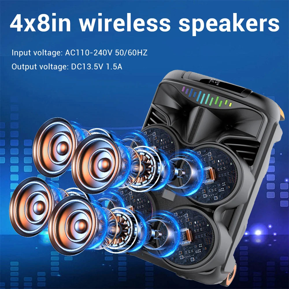 Loud Portable Bluetooth Party Speaker Quad 8” Woofers Heavy Bass Rechargeable Sound System karaoke Speaker Led Light w/2 Mic