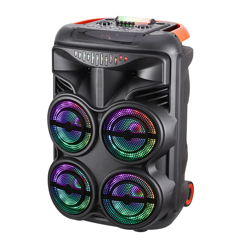 Loud Portable Bluetooth Party Speaker Quad 8” Woofers Heavy Bass Rechargeable Sound System karaoke Speaker Led Light w/2 Mic