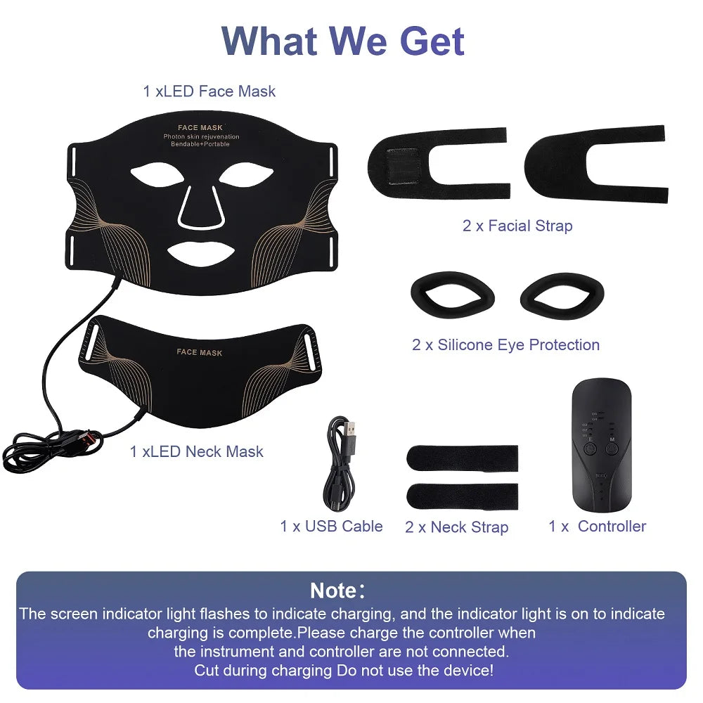 Face Neck Silicone LED Mask 7 Colors LED Light Photon Red Light Therapy Flexible Soft Mask Skin Tighten Repair Skin Facial Mask