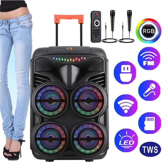 Loud Portable Bluetooth Party Speaker Quad 8” Woofers Heavy Bass Rechargeable Sound System karaoke Speaker Led Light w/2 Mic