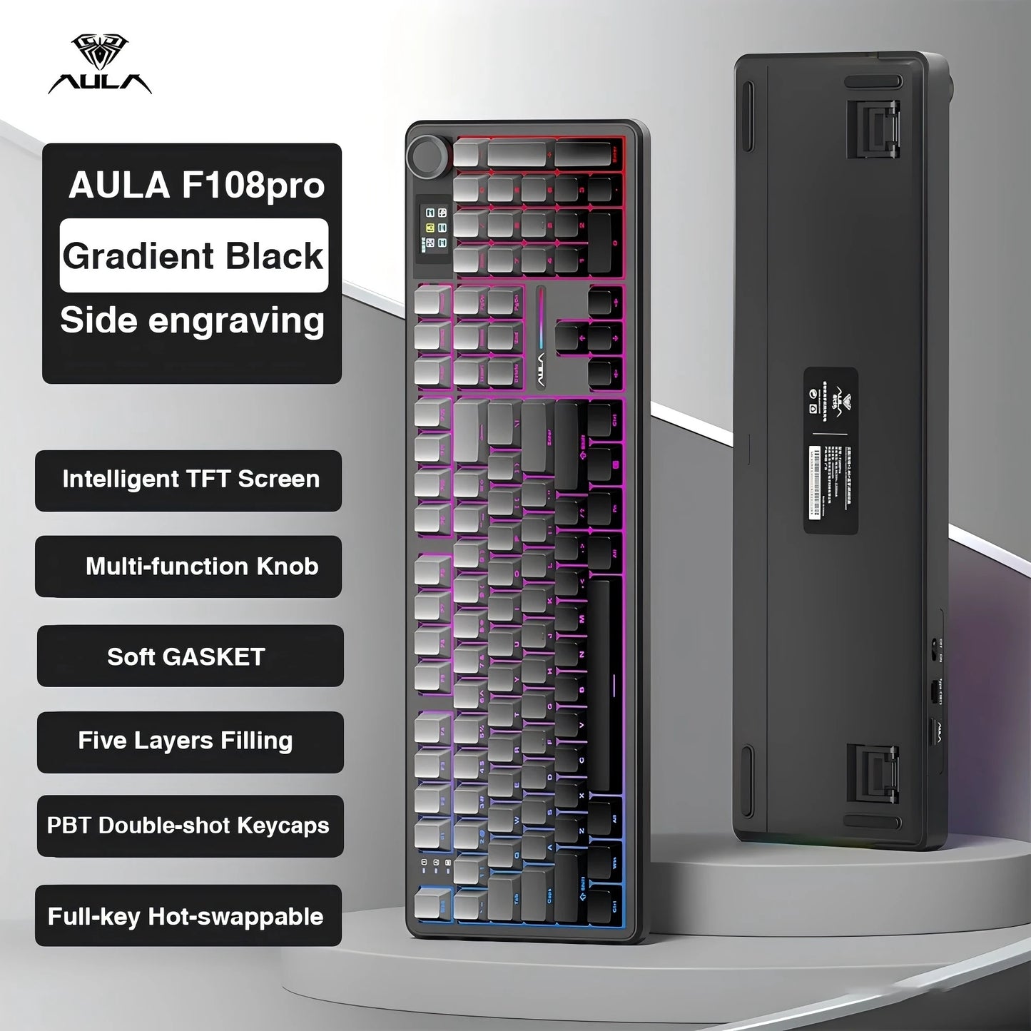 AULA F108PRO Gaming Mechanical Keyboard Full Size Custom Backlight Hot Swappable Wireless Bluetooth Hifi Switch