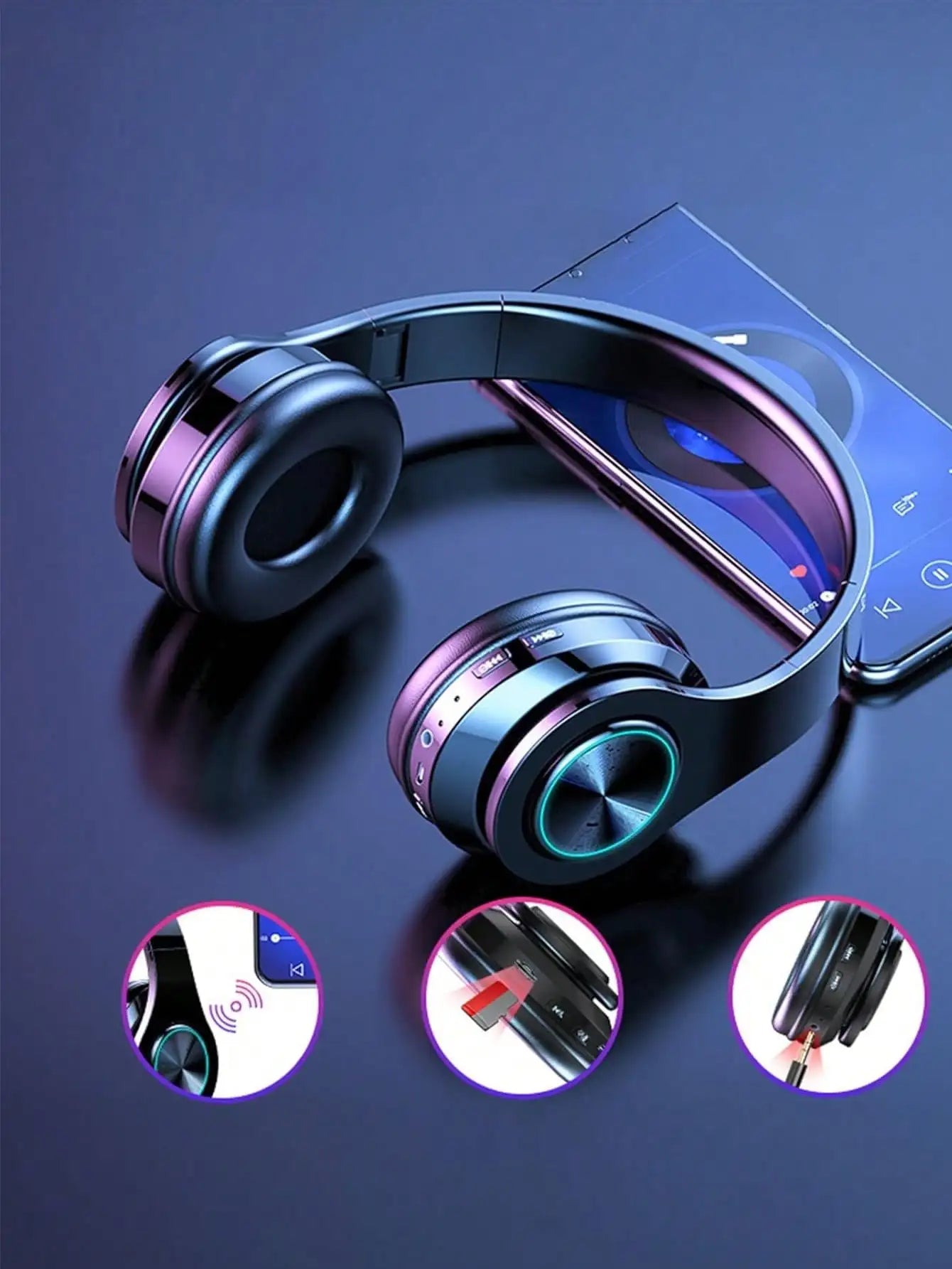 RGB Light Up Over Ear Gaming Headphones, Wireless Bluetooth Headset with Mic, Foldable Lightweight Design, 3.5mm Wired Jack, Telescopic Arm & Rich Deep Bass Stereo Sound