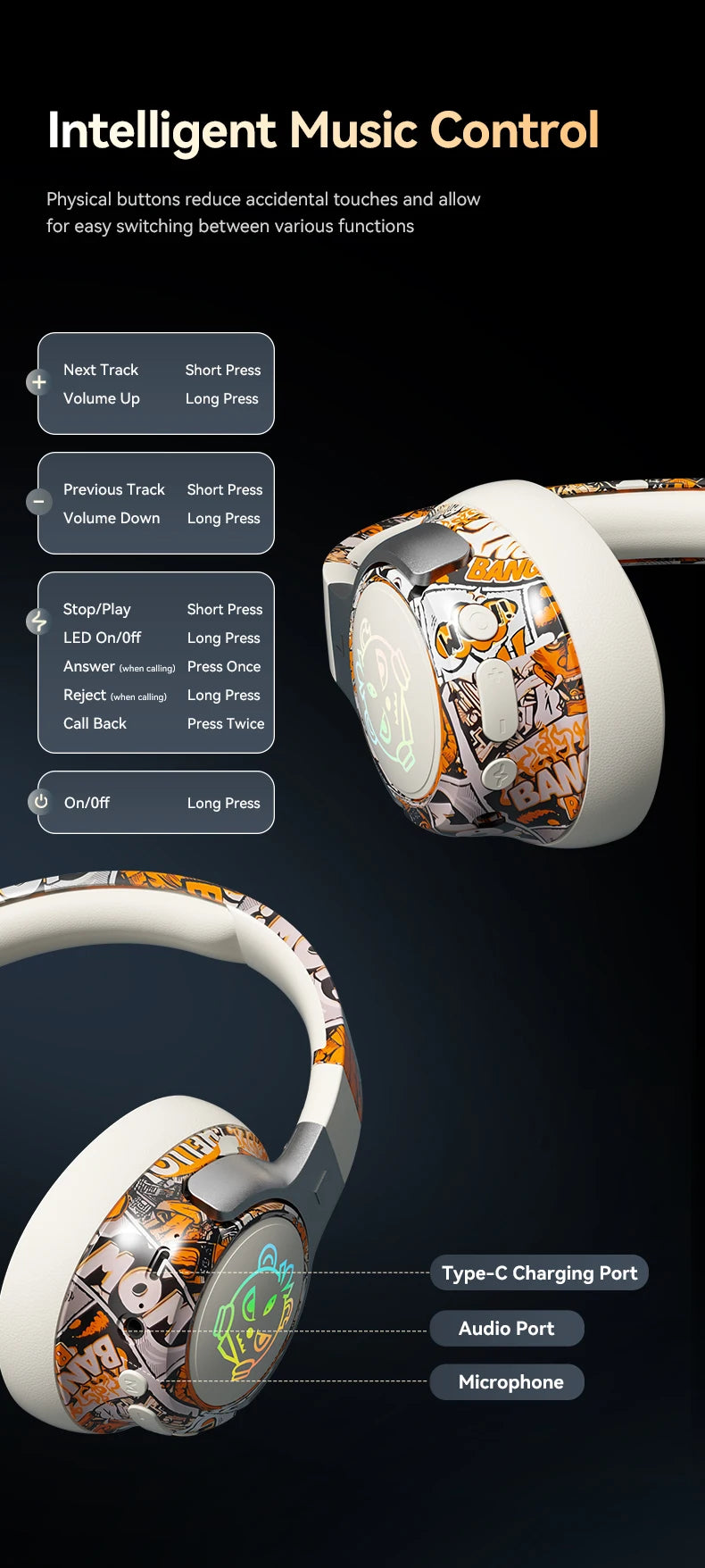 Graffiti Wireless Gaming Headphones 360° Stereo Sound, Support AUX/TF Card Mode Hi-Res Audio, Over Ear Foldable Lightweight