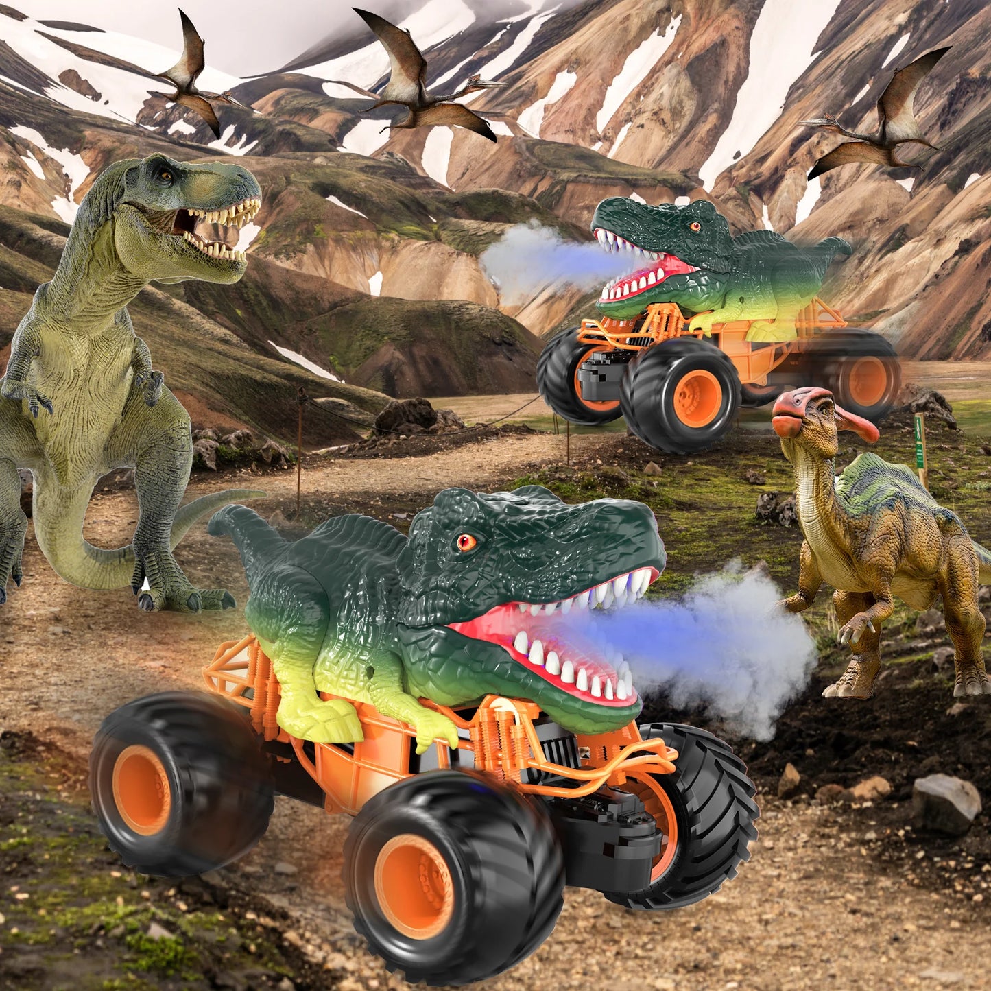 Remote Control Dinosaur Cars 2.4Ghz Rc Velociraptor Shaped Truck For 3-8 Kids Electric Car Toys Outdoor With Light & Sound Spray